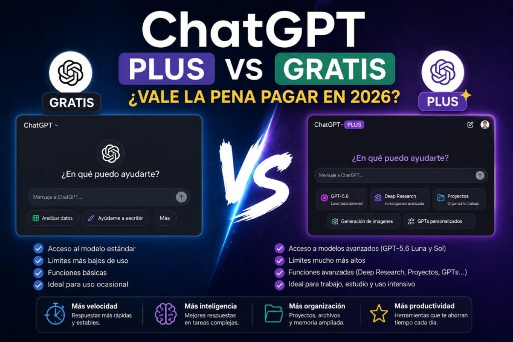 🤖 Aprenda Inteligencia Artificial paso a paso 7 Comparativa entre ChatGPT Plus y ChatGPT Gratis mostrando las principales diferencias y si vale la pena pagar la suscripción en 2026.