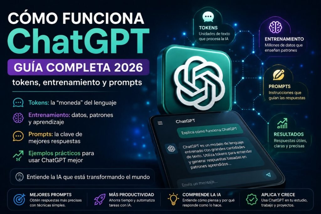 🤖 Aprenda Inteligencia Artificial paso a paso 6 Infografía que explica cómo funciona ChatGPT, incluyendo tokens, entrenamiento, prompts y el proceso mediante el cual genera respuestas utilizando inteligencia artificial.