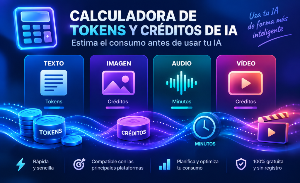 Calculadora de tokens y créditos de IA para texto, imagen, audio y vídeo