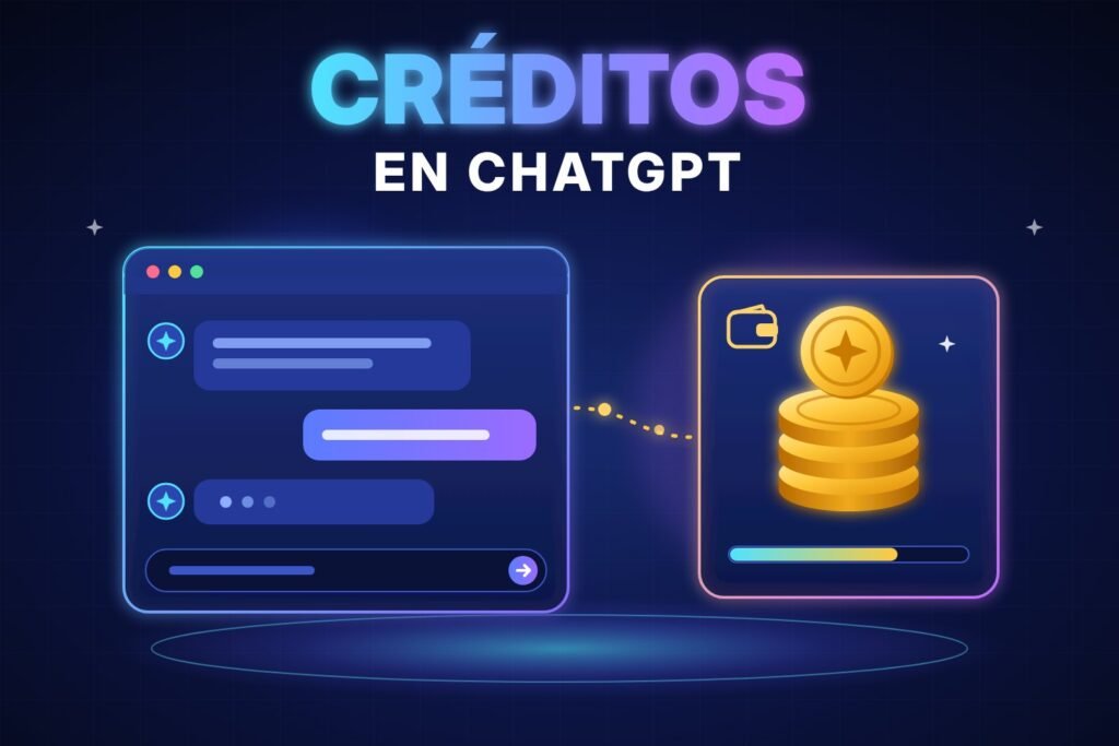 Ilustración de una ventana de chat conectada a una tarjeta de saldo con monedas doradas y una barra de consumo, bajo el título «Créditos en ChatGPT»