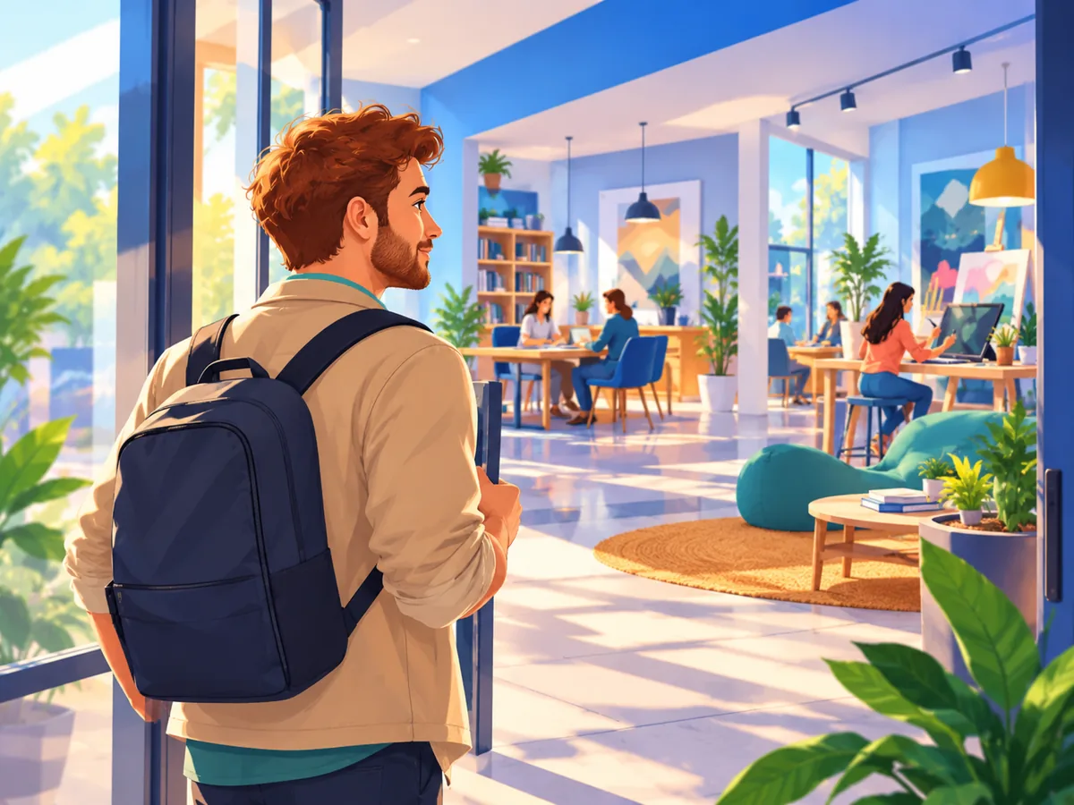 Hombre con mochila entrando a un espacio luminoso de trabajo y aprendizaje, con personas que estudian y crean.