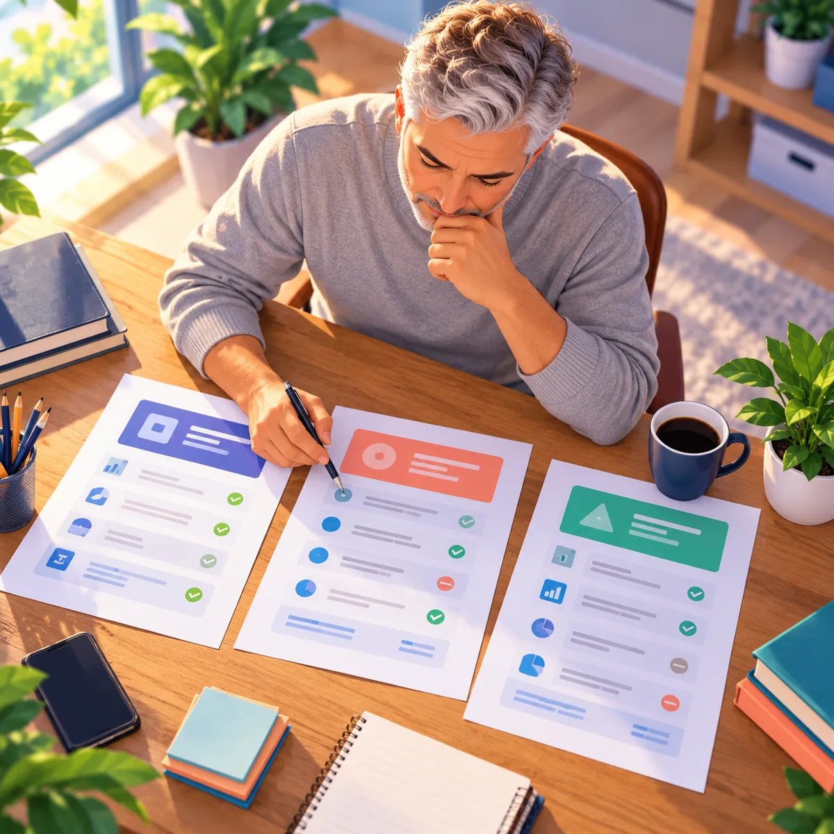 Persona comparando diferentes opciones mediante documentos y criterios de evaluación.