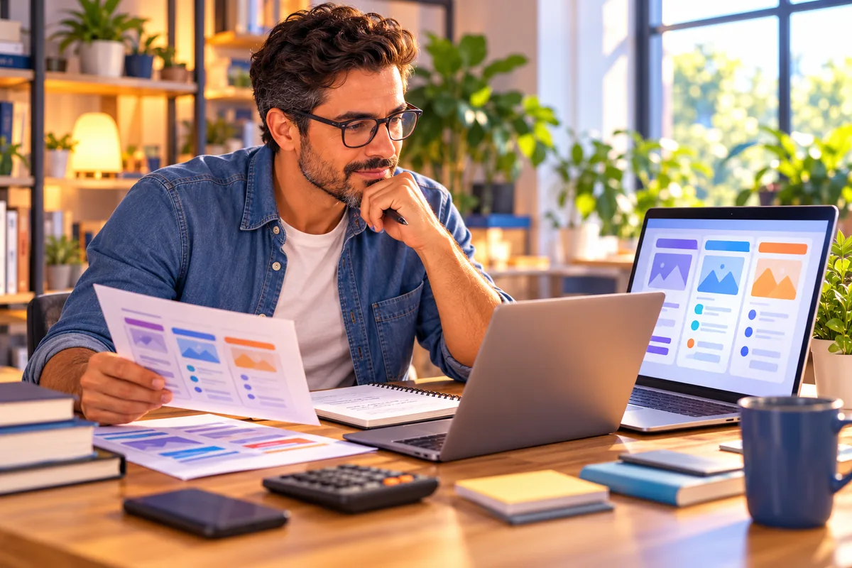 Profesional comparando diferentes opciones digitales en su escritorio antes de tomar una decisión