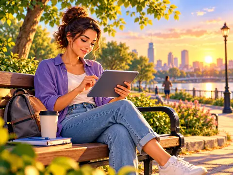 Mujer aprendiendo con una tableta en un parque, ejemplo de la flexibilidad de la formación online