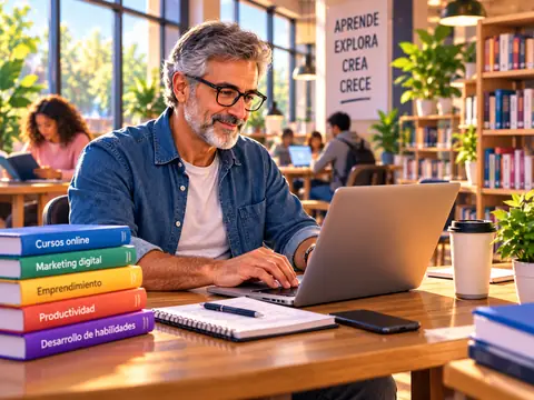 Hombre adulto aprendiendo con una computadora portátil en una biblioteca