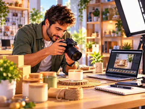 Emprendedor fotografiando productos artesanales para aplicar conocimientos de fotografía y marketing digital