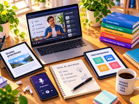 Mesa de aprendizaje con cursos en vídeo, guías, herramientas digitales, libros y otros recursos educativos