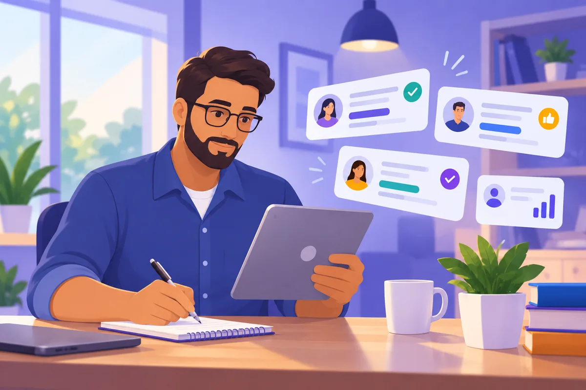 Hombre consultando opiniones y valoraciones sobre cursos y herramientas digitales.