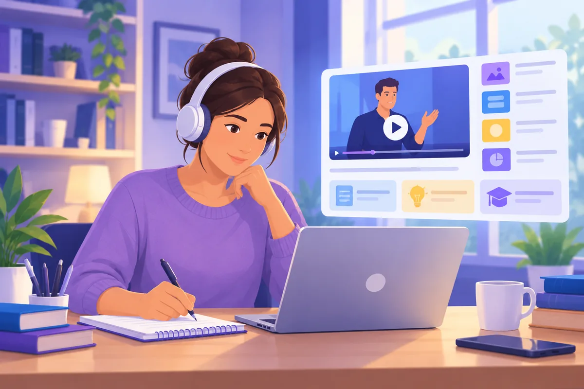 Mujer aprendiendo mediante una formación online, tomando apuntes mientras sigue una lección en vídeo.