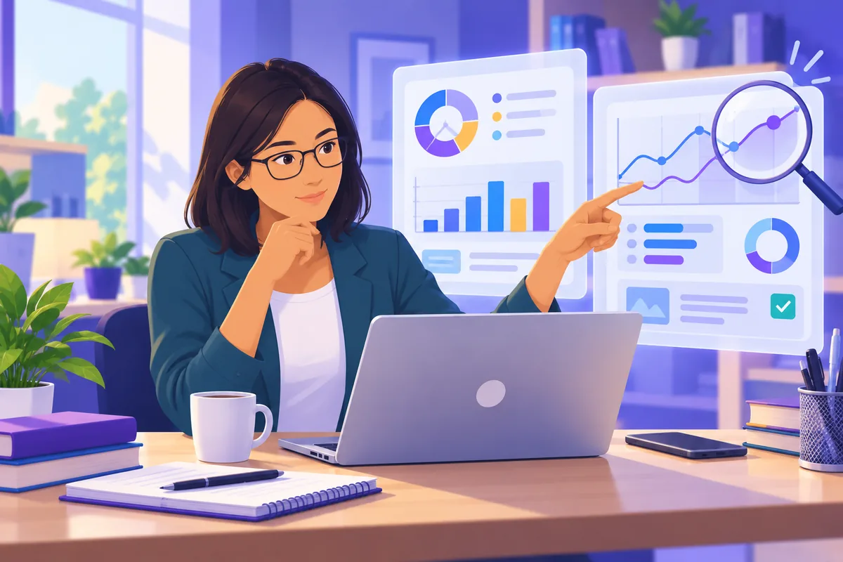 Analista examinando gráficos y comparando información para evaluar herramientas y recursos digitales.
